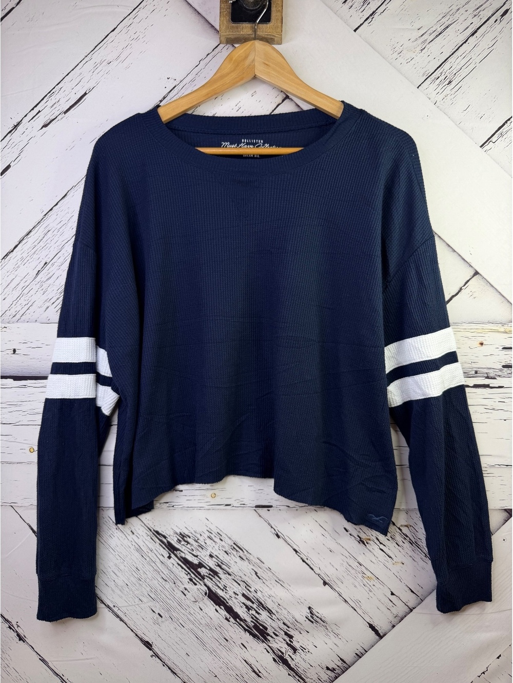 Hollister Varsity Style Y2K Ribbed Waffle Knit Boxy Crop Top Navy Women’s M